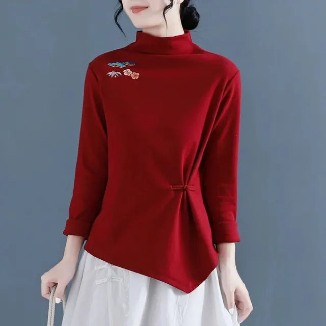Refined Retro Embroidered Velvet Blouse