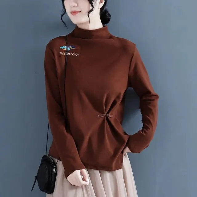 Verfeinerte Retro bestickte Samtbluse