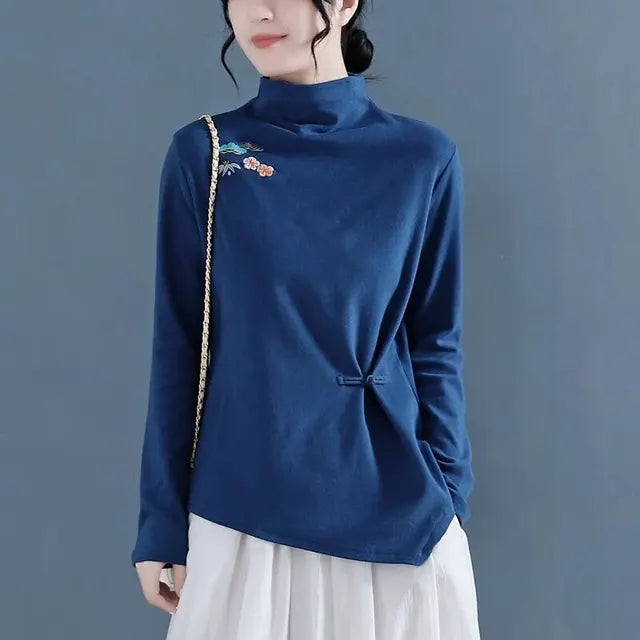 Refined Retro Embroidered Velvet Blouse