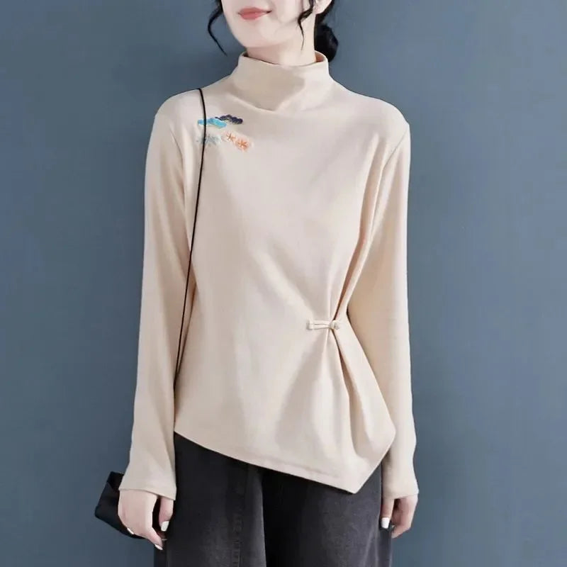Verfeinerte Retro bestickte Samtbluse
