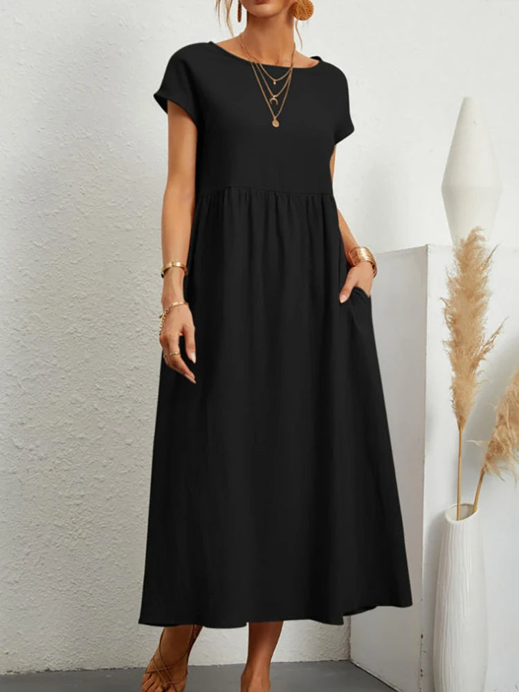 VELANORA Elegant black linen dress with o-neck