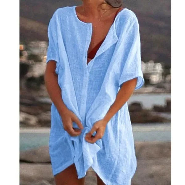 Velanora vestito in lino di cotone con scollo rotondo