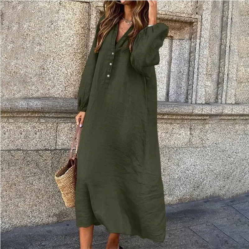 Velanora kaki katoenen v-collo comoda vestito di lino