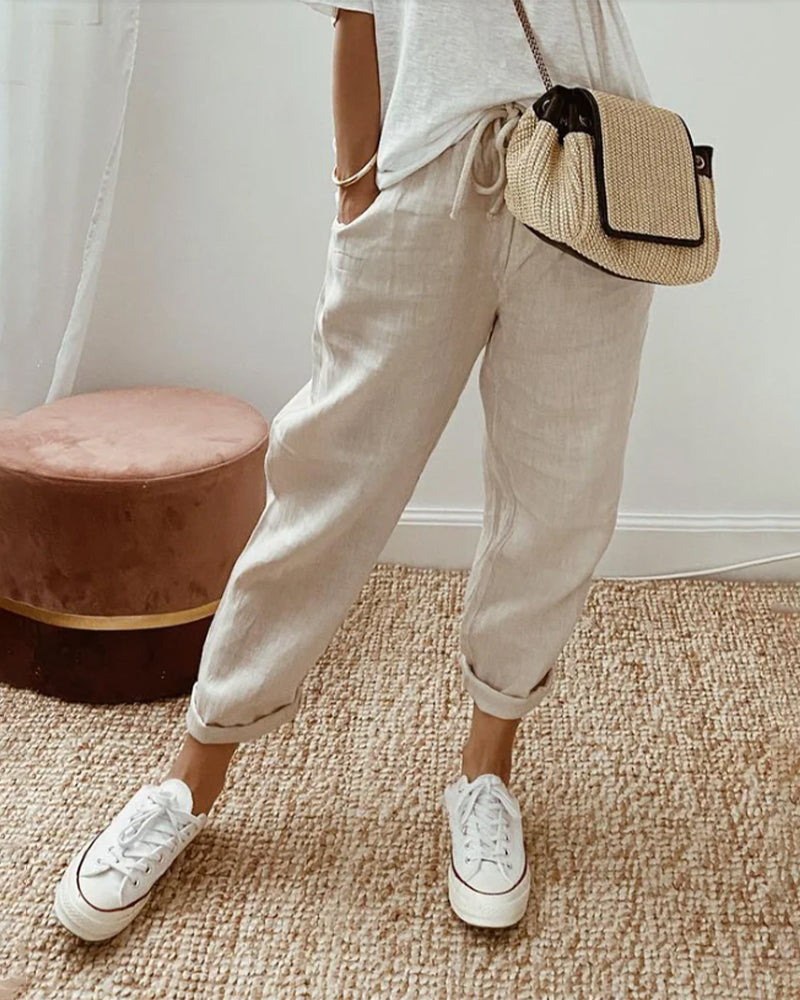 VELANORA Pantaloni Comodi in Cotone e Lino con Tasche