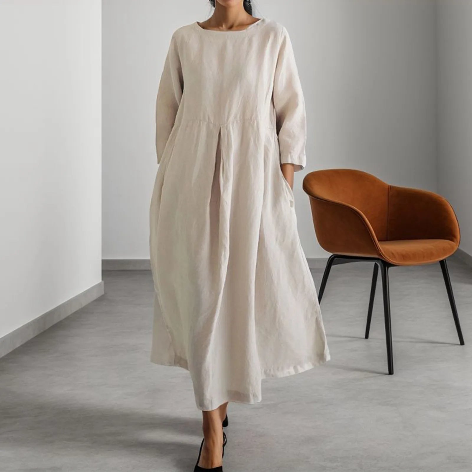 VELANORA Vestito di Lino Verde con Scollo Rotondo