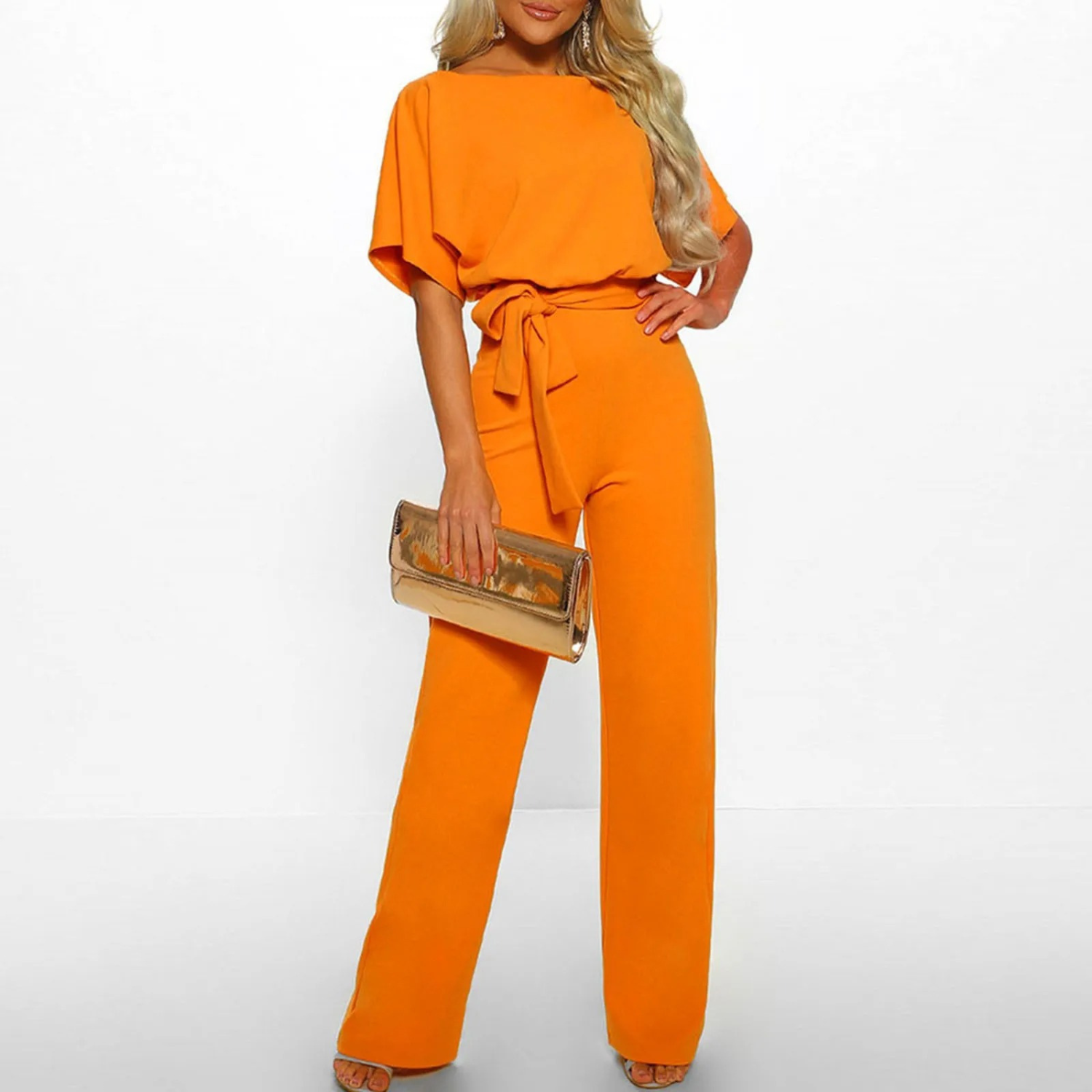 VELANORA roter O-Ausschnitt einfache hohe Taille Hose Jumpsuit