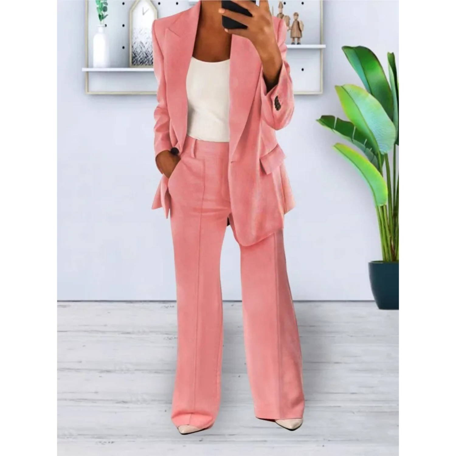 VELANORA locker sitzender einfarbiger lässiger Blazer mit Tasche und Hosen-Set
