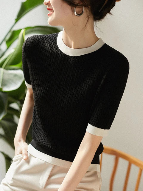 T-shirt estiva nuova a maniche corte da donna con scollo a O e colore a contrasto