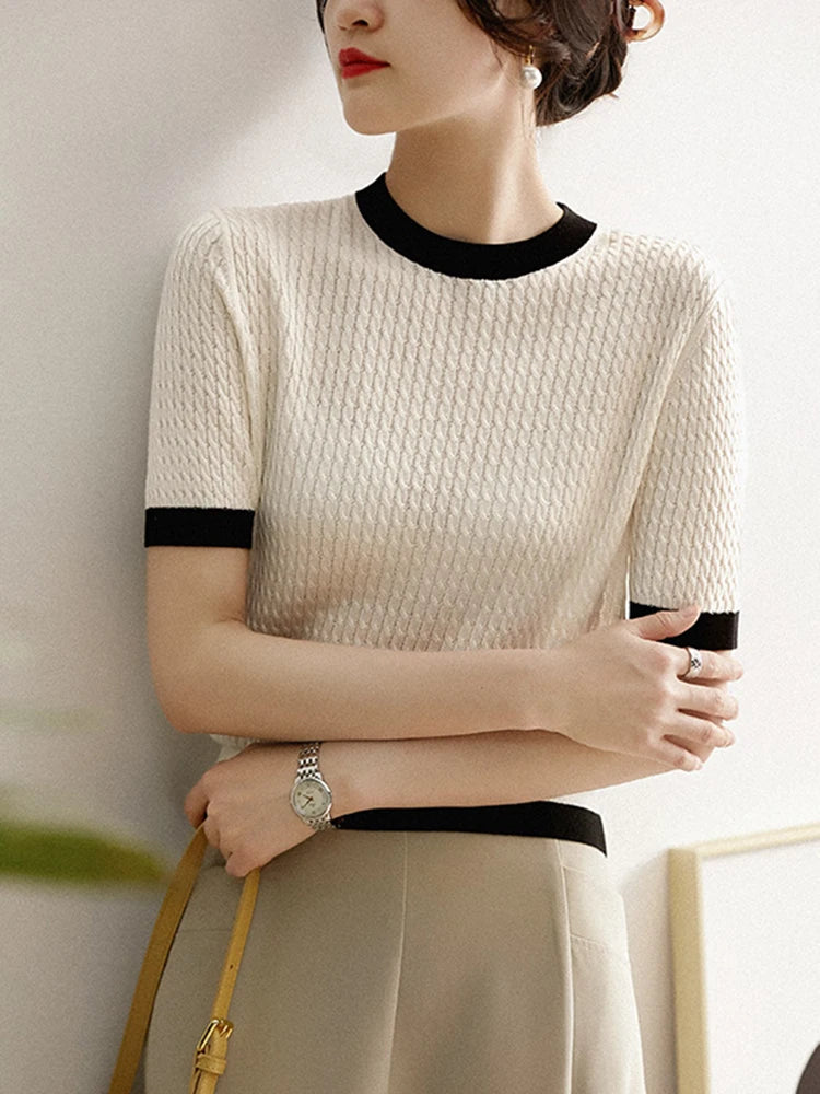 Summer New Short Sleeve T-shirt Women O-neck Contrast Color