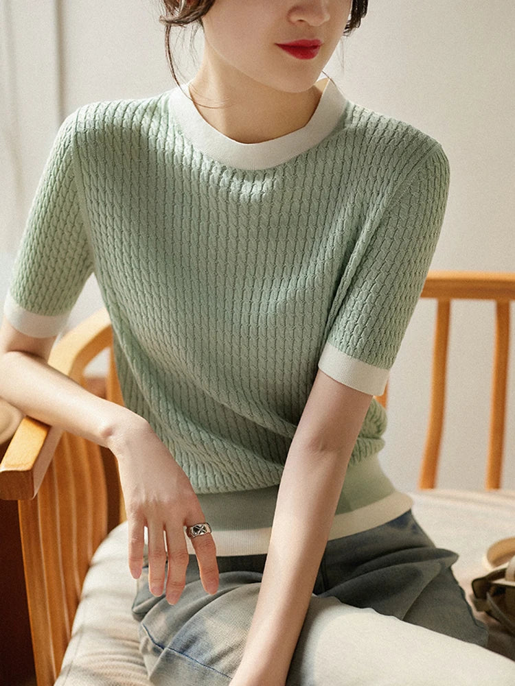 Summer New Short Sleeve T-shirt Women O-neck Contrast Color