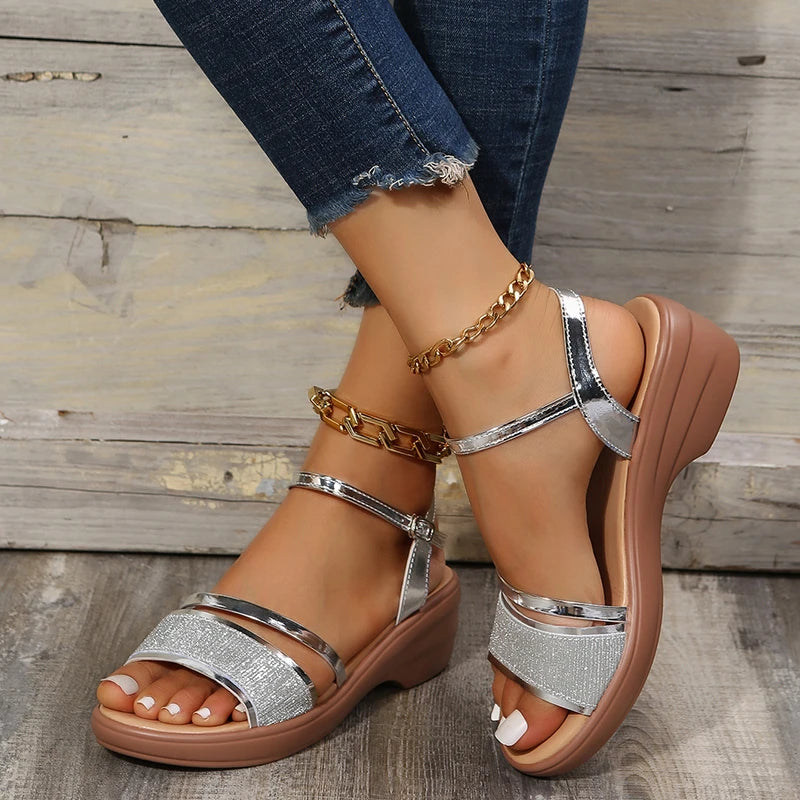 Gouden Platform Wiggen Sandalen voor Vrouwen