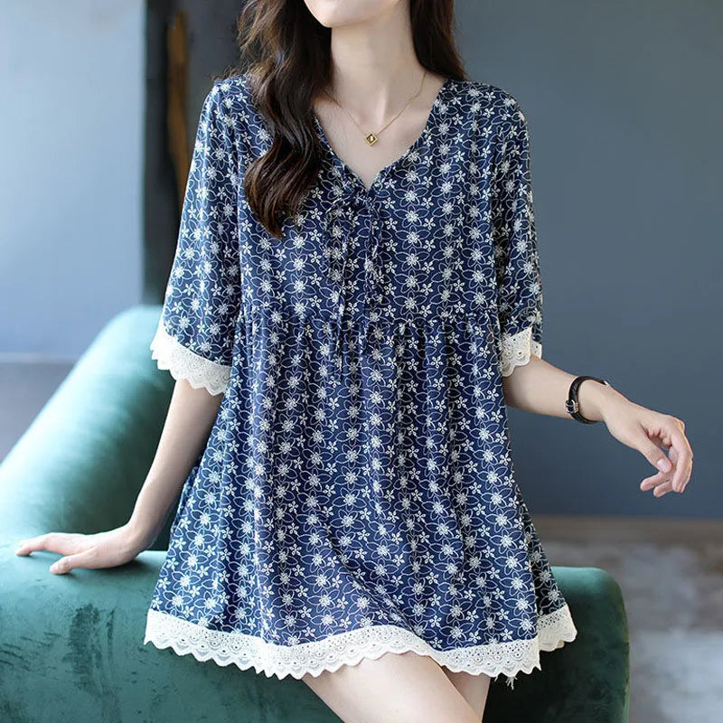 Zomer Nieuwe Dames Losse V-Hals Bedrukte Casual Shirts