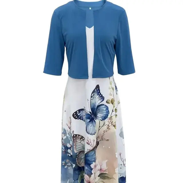 Fleur de Vivre Long Dress Two Pieces Flower and Grass Print Round Neck