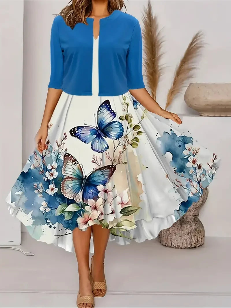 Fleur de Vivre Long Dress Two Pieces Flower and Grass Print Round Neck