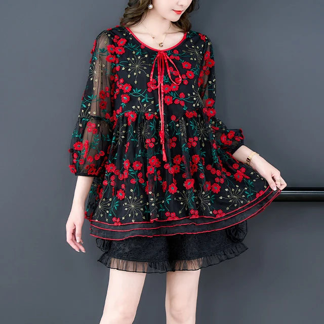 Voorjaar en Zomer Bloemen Mesh Top voor Vrouwen