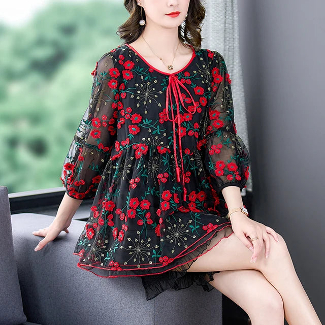 Voorjaar en Zomer Bloemen Mesh Top voor Vrouwen