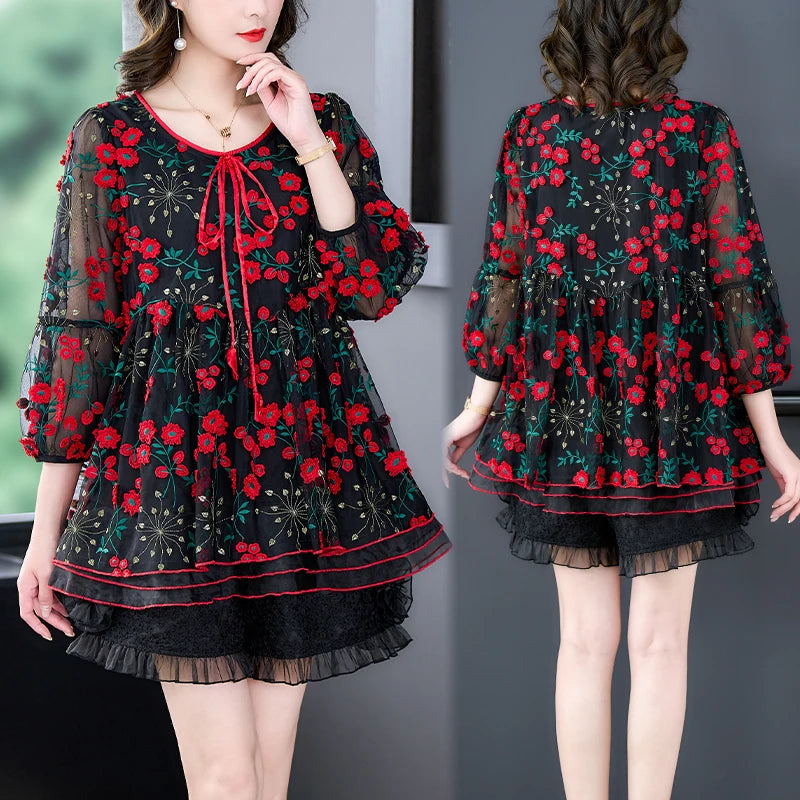 Voorjaar en Zomer Bloemen Mesh Top voor Vrouwen