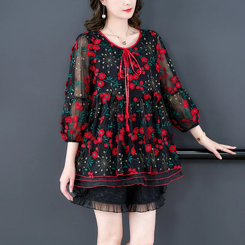 Voorjaar en Zomer Bloemen Mesh Top voor Vrouwen