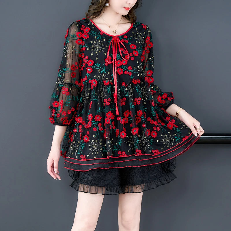 Voorjaar en Zomer Bloemen Mesh Top voor Vrouwen