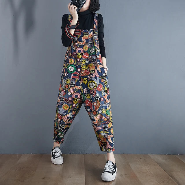 Tuta in denim con stampa cartoon Nova Dames per donne giocose e alla moda