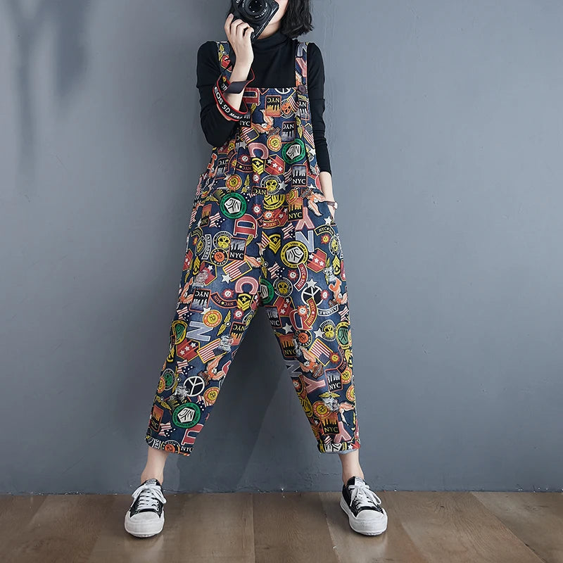 Tuta in denim con stampa cartoon Nova Dames per donne giocose e alla moda