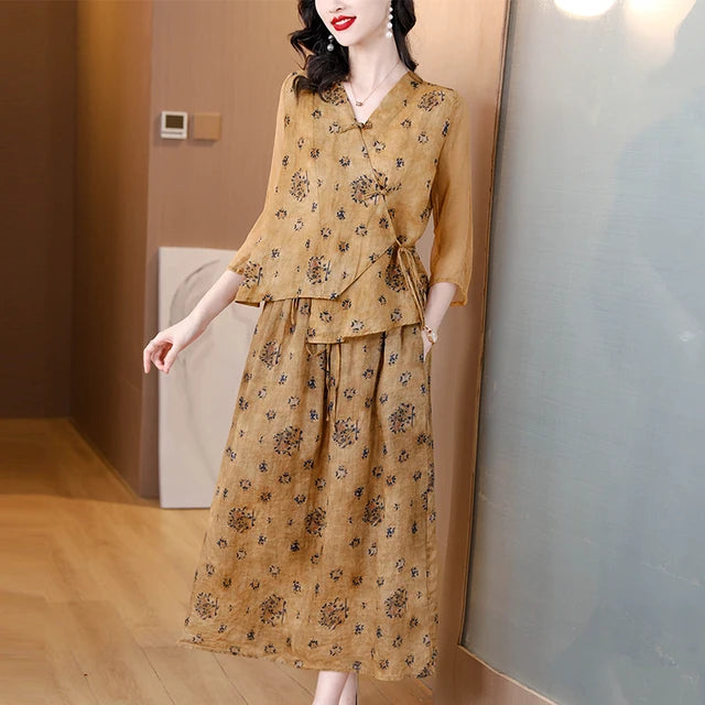 Sonnenstrahlen Mode Vintage Langes Kleid Set für Sommer