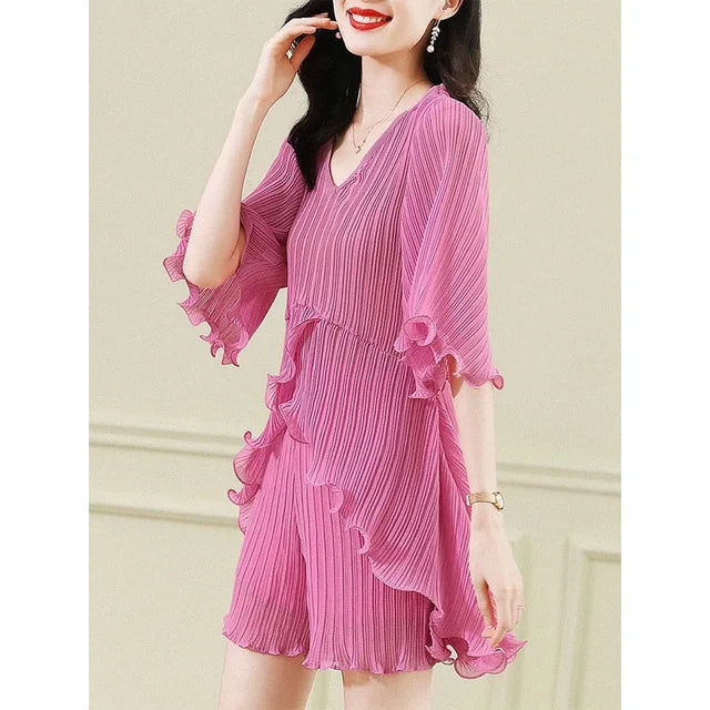Bellissima Moda Estiva Chic Scollo a V Arricciatura Irregolare Pieghettata Sciolta Casual Colore Tinta Unita
