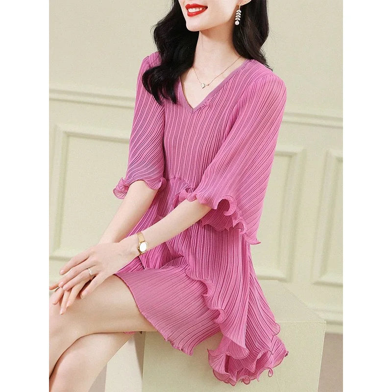 Bellissima Moda Estiva Chic Scollo a V Arricciatura Irregolare Pieghettata Sciolta Casual Colore Tinta Unita