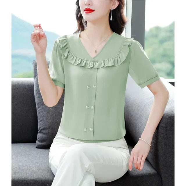 Zomerse V-hals Top met Ruches en Knoopdetails