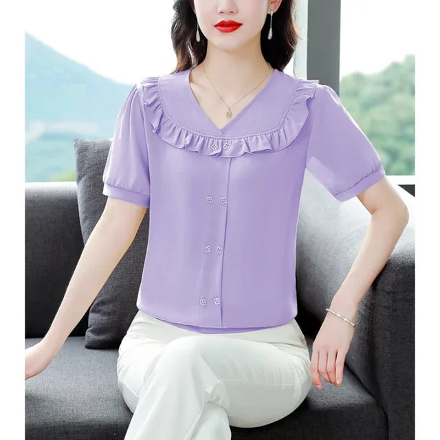 Zomerse V-hals Top met Ruches en Knoopdetails
