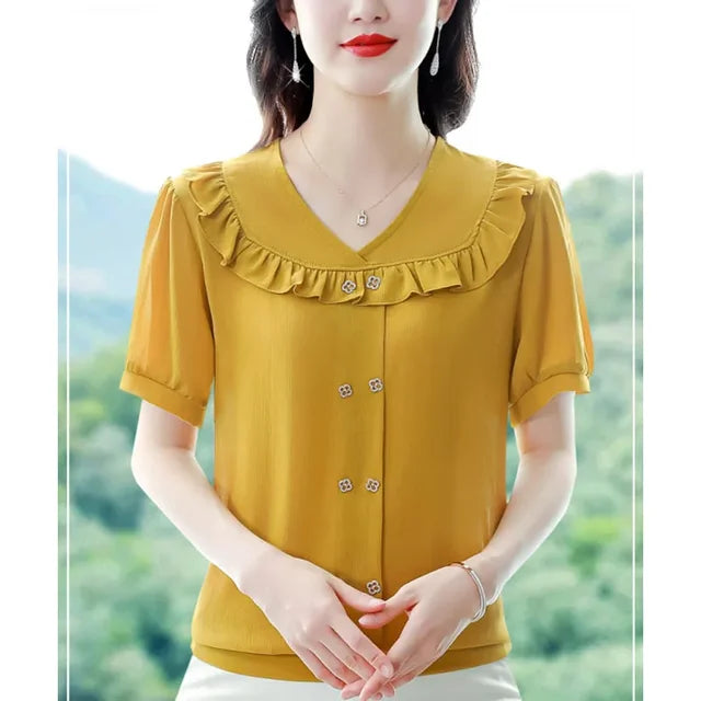 Zomerse V-hals Top met Ruches en Knoopdetails