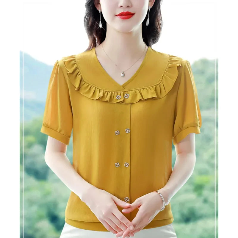 Zomerse V-hals Top met Ruches en Knoopdetails