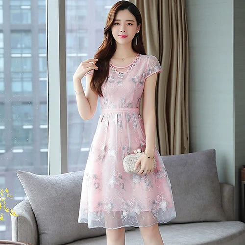 Elegante Mode Roze Bloemen Mesh Mini-Jurk