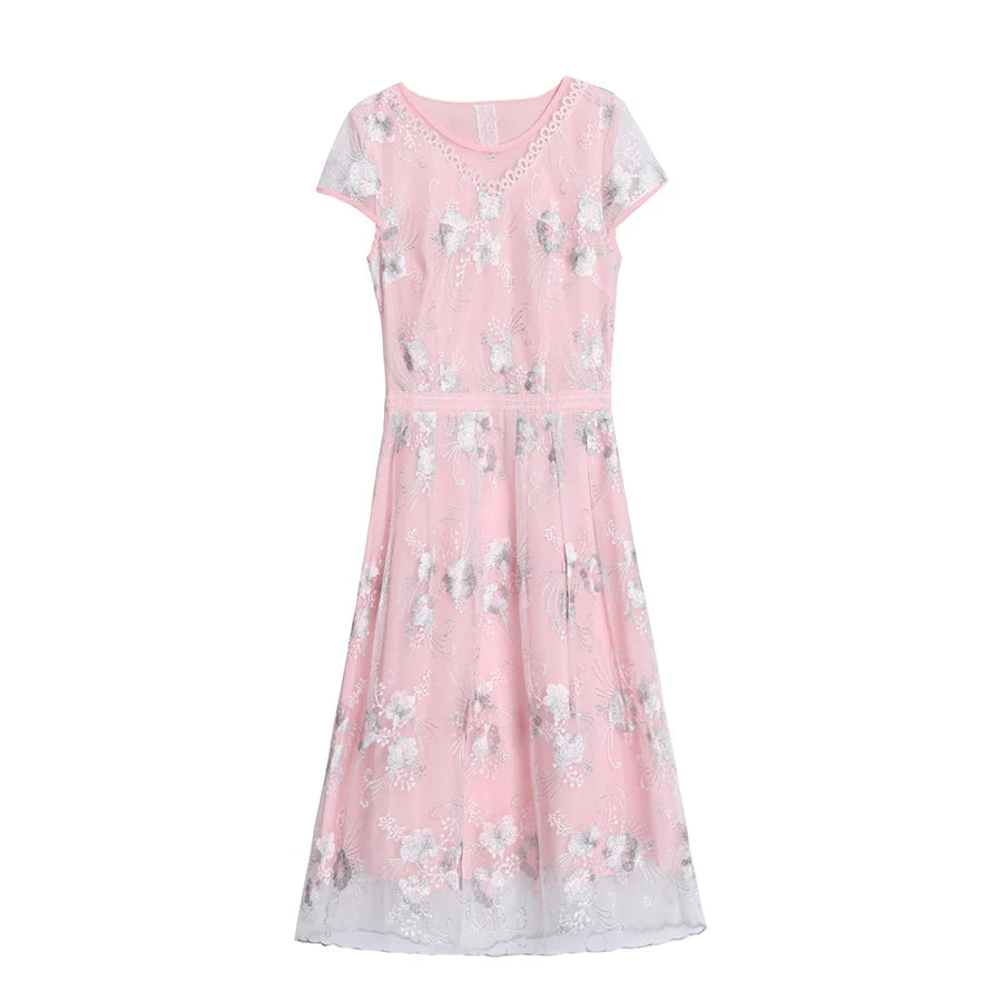 Elegante Mode Roze Bloemen Mesh Mini-Jurk