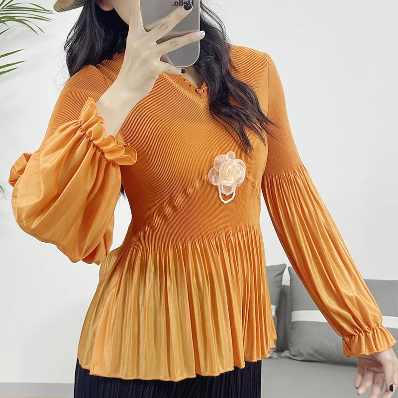 Lente Miyake Geplooide Casual Shirt met Lange Mouwen - Stijlvol en Comfortabel