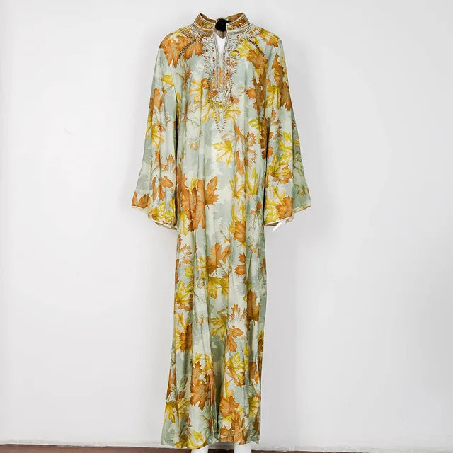 PrachtMode Frühling V-Ausschnitt Bestickte Lange Ärmel Abaya