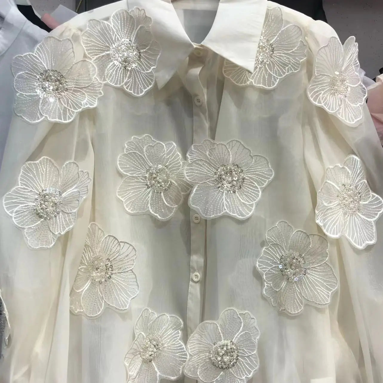 Seductive Mesh Blouse with Sequins and Flowers