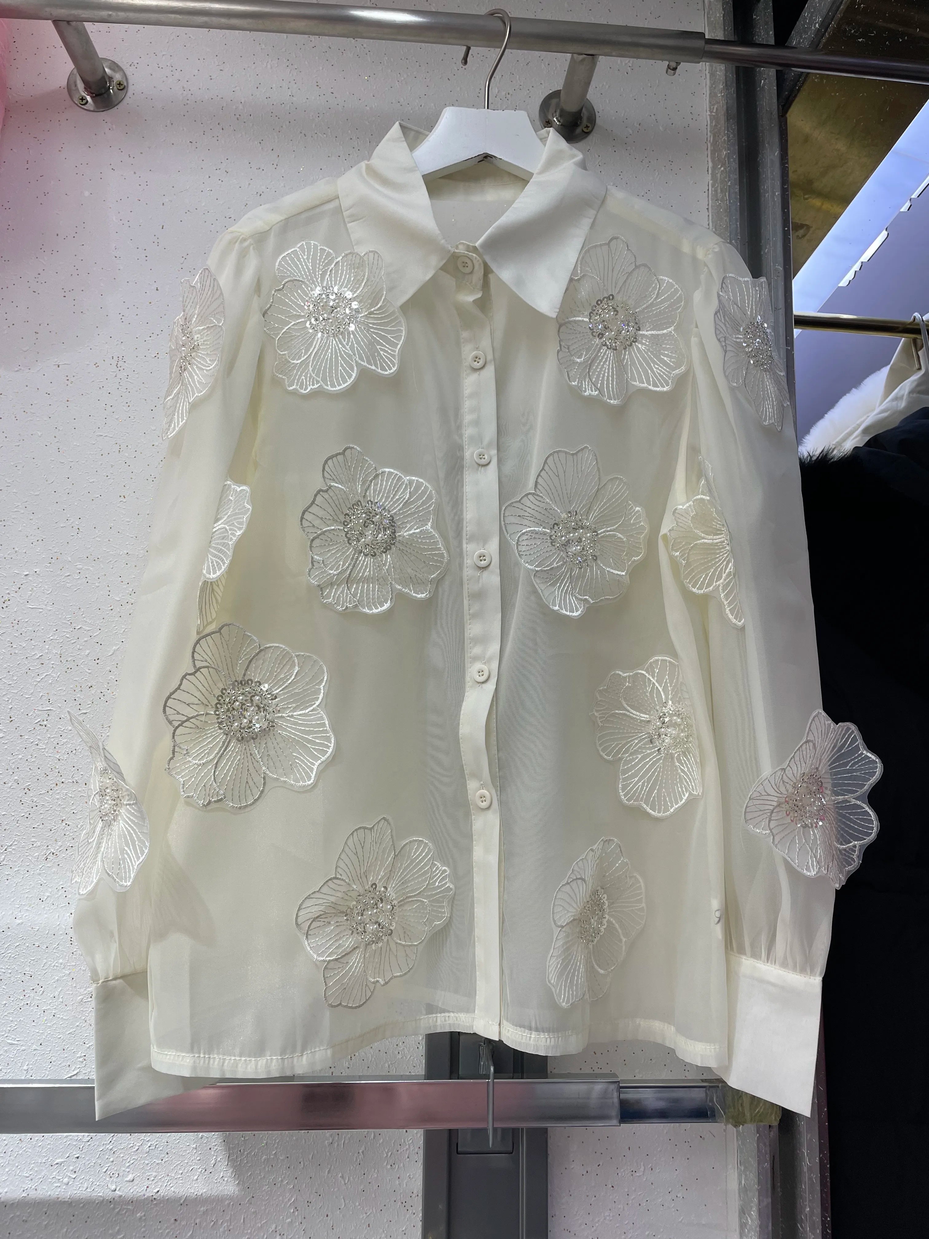 Seductive Mesh Blouse with Sequins and Flowers