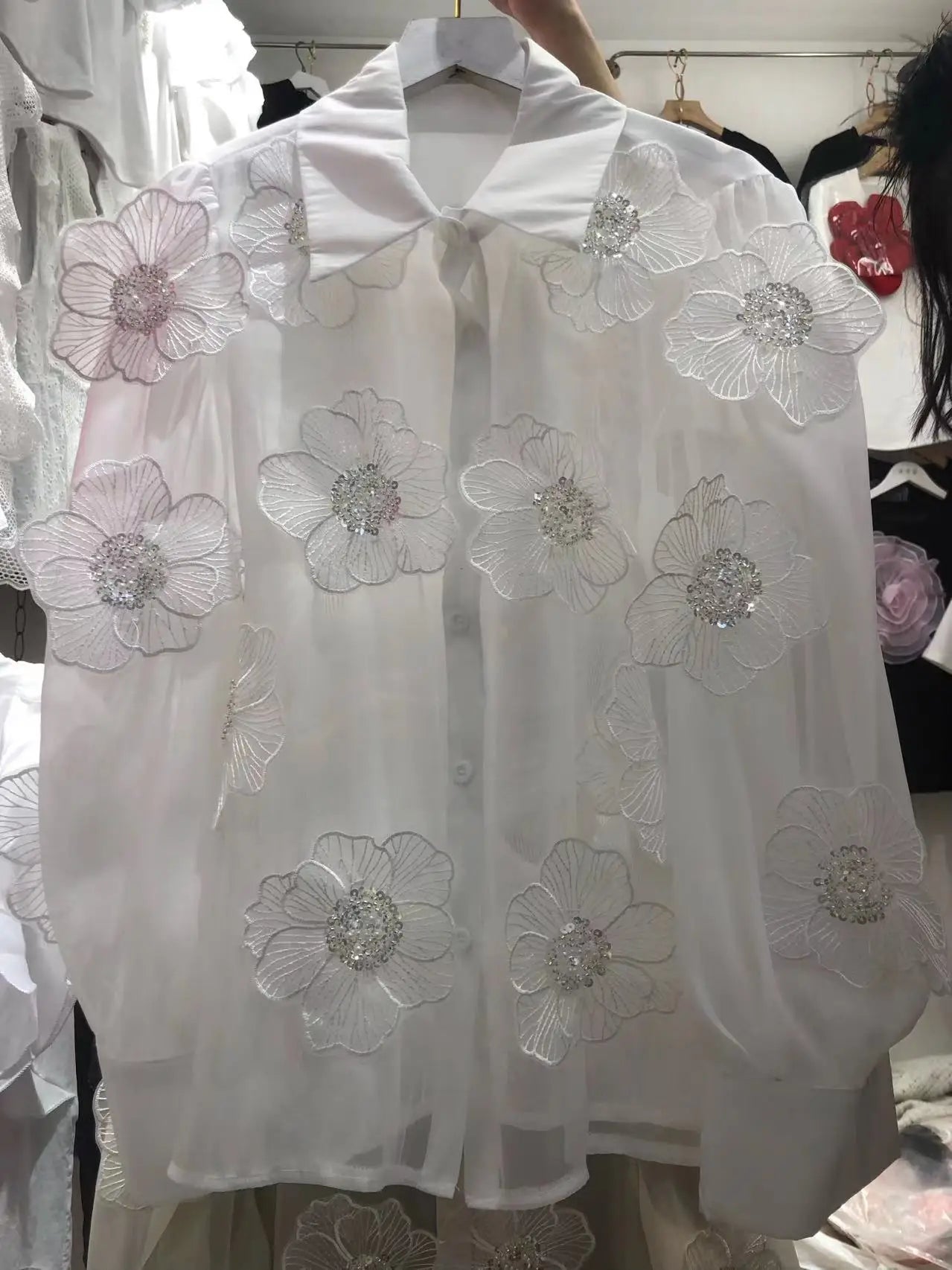 Seductive Mesh Blouse with Sequins and Flowers