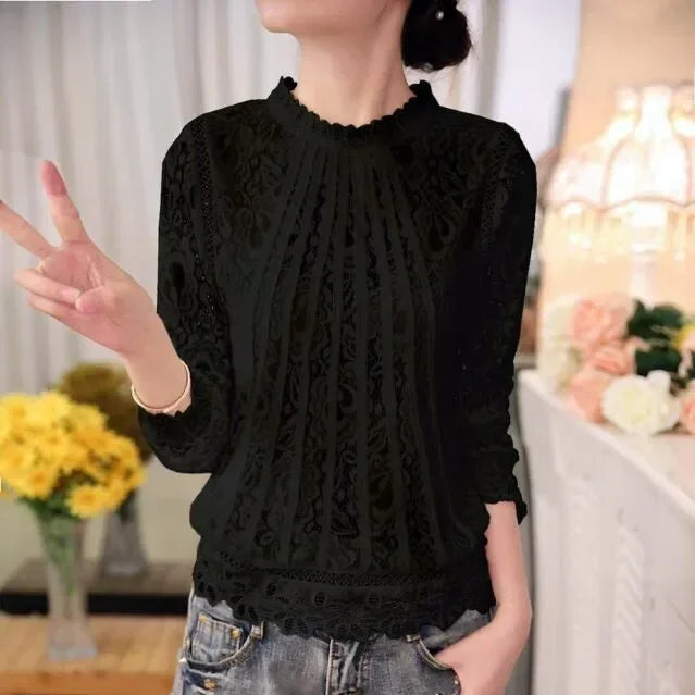 Blusa estiva da donna in chiffon con maniche lunghe e pizzo