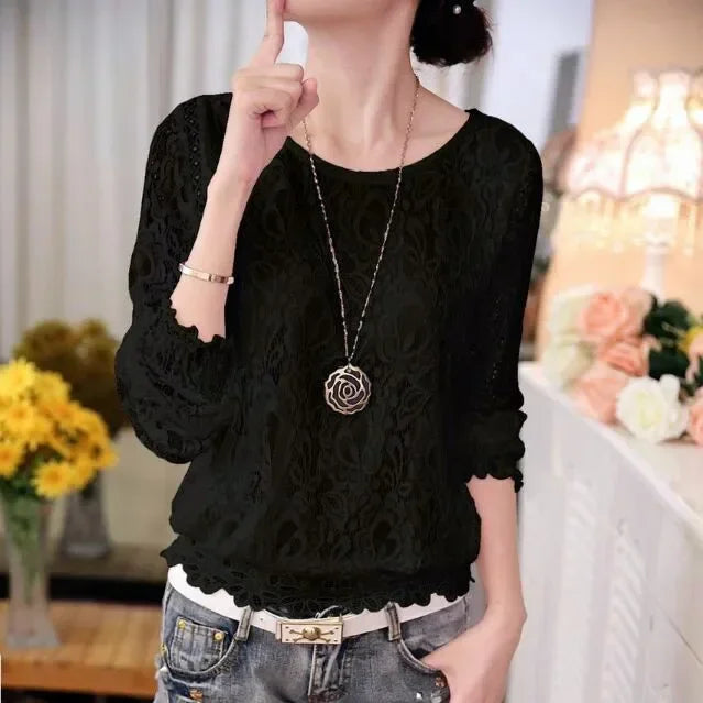 Blusa estiva da donna in chiffon con maniche lunghe e pizzo