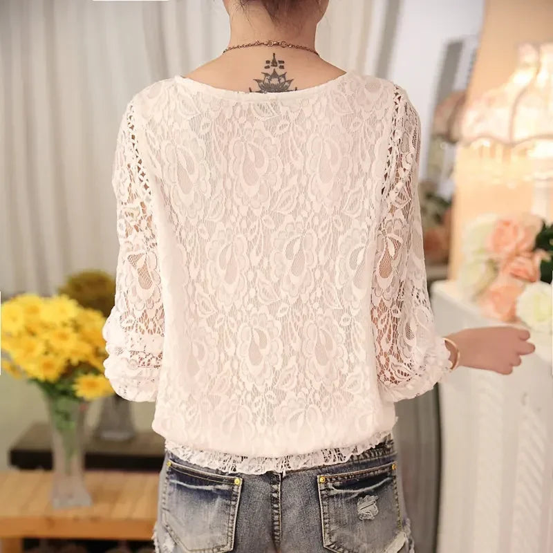 Blusa estiva da donna in chiffon con maniche lunghe e pizzo