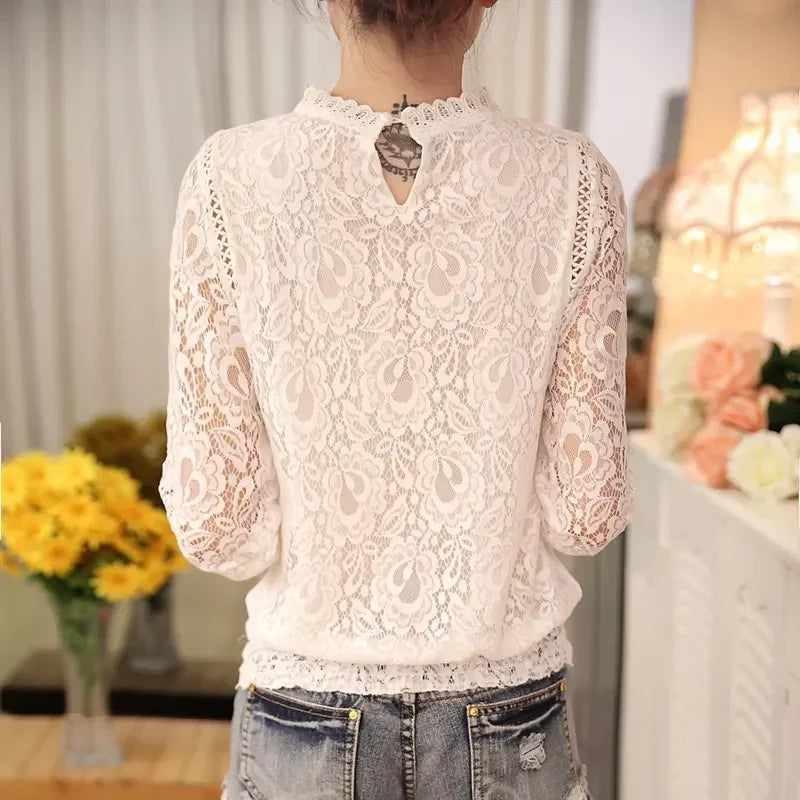 Blusa estiva da donna in chiffon con maniche lunghe e pizzo