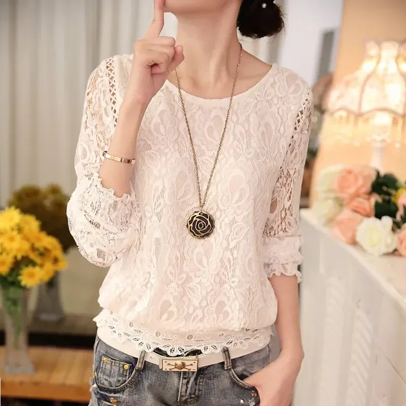 Blusa estiva da donna in chiffon con maniche lunghe e pizzo