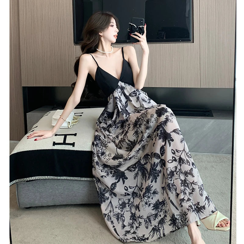 ZonnigStijl 2024 Neue Elegante Vintage Druck Lange Kleid