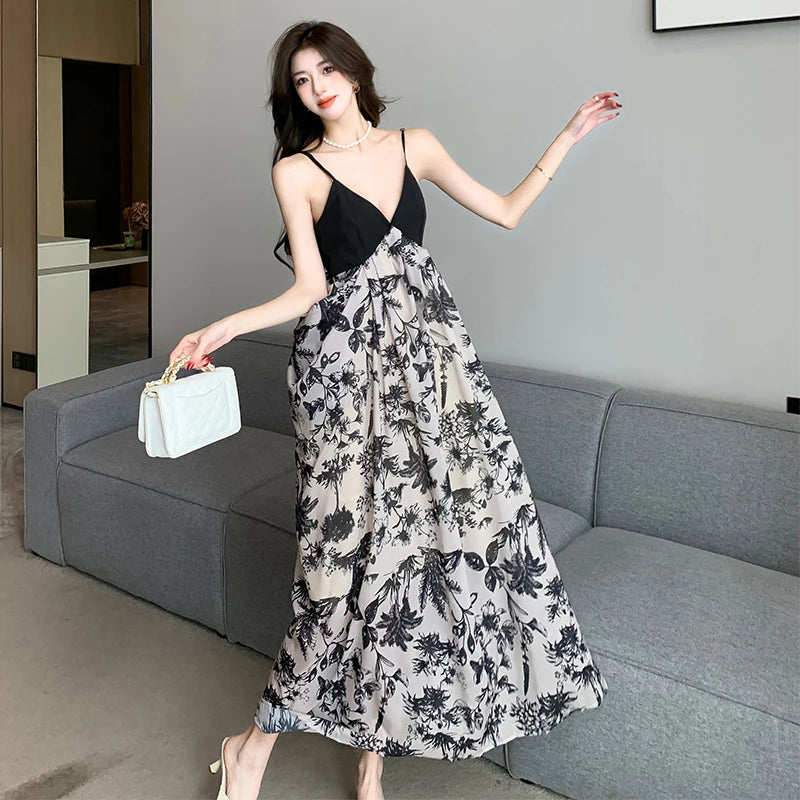 ZonnigStijl 2024 Neue Elegante Vintage Druck Lange Kleid