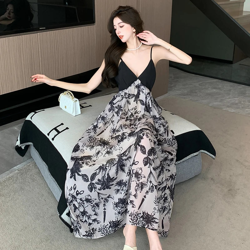 ZonnigStijl 2024 Neue Elegante Vintage Druck Lange Kleid