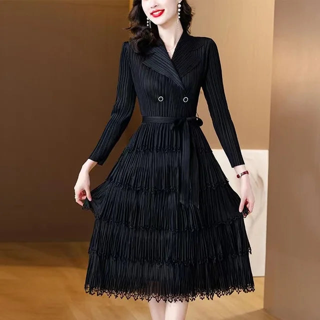 Miyake Pleated Dress with Suit Collar and Fringe