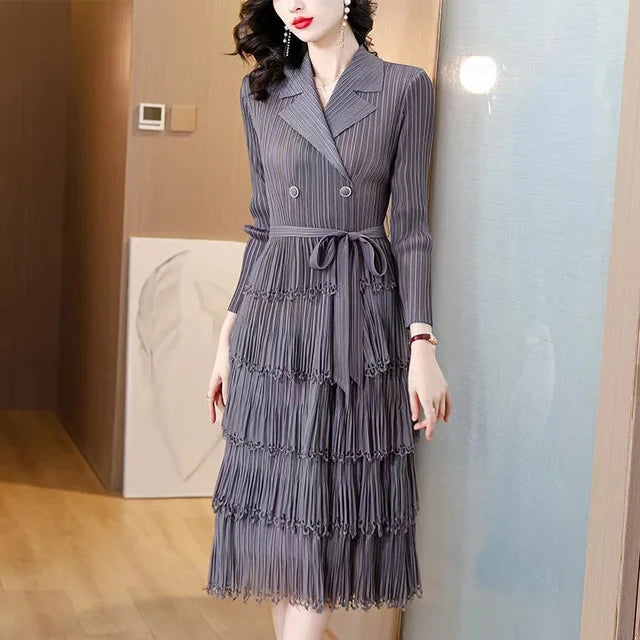 Miyake Pleated Dress with Suit Collar and Fringe