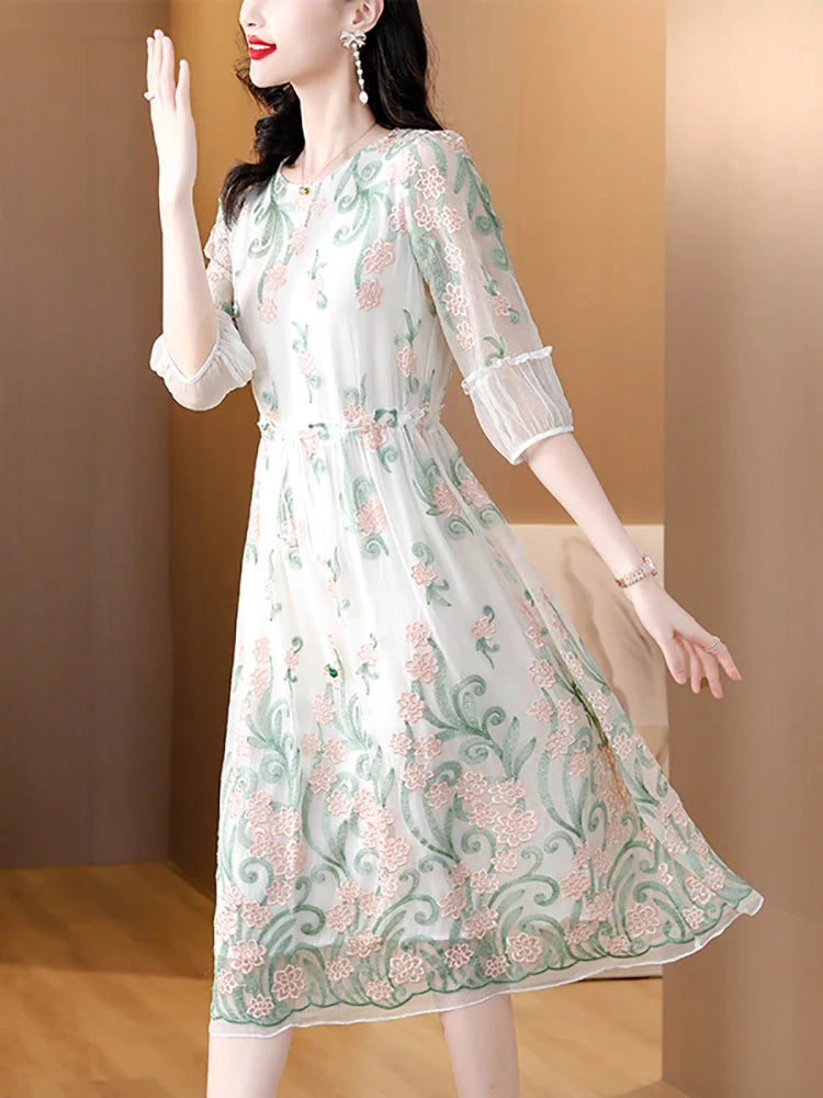 Glamouröser Stil Luxus Seide Blumen Lange Abendkleid